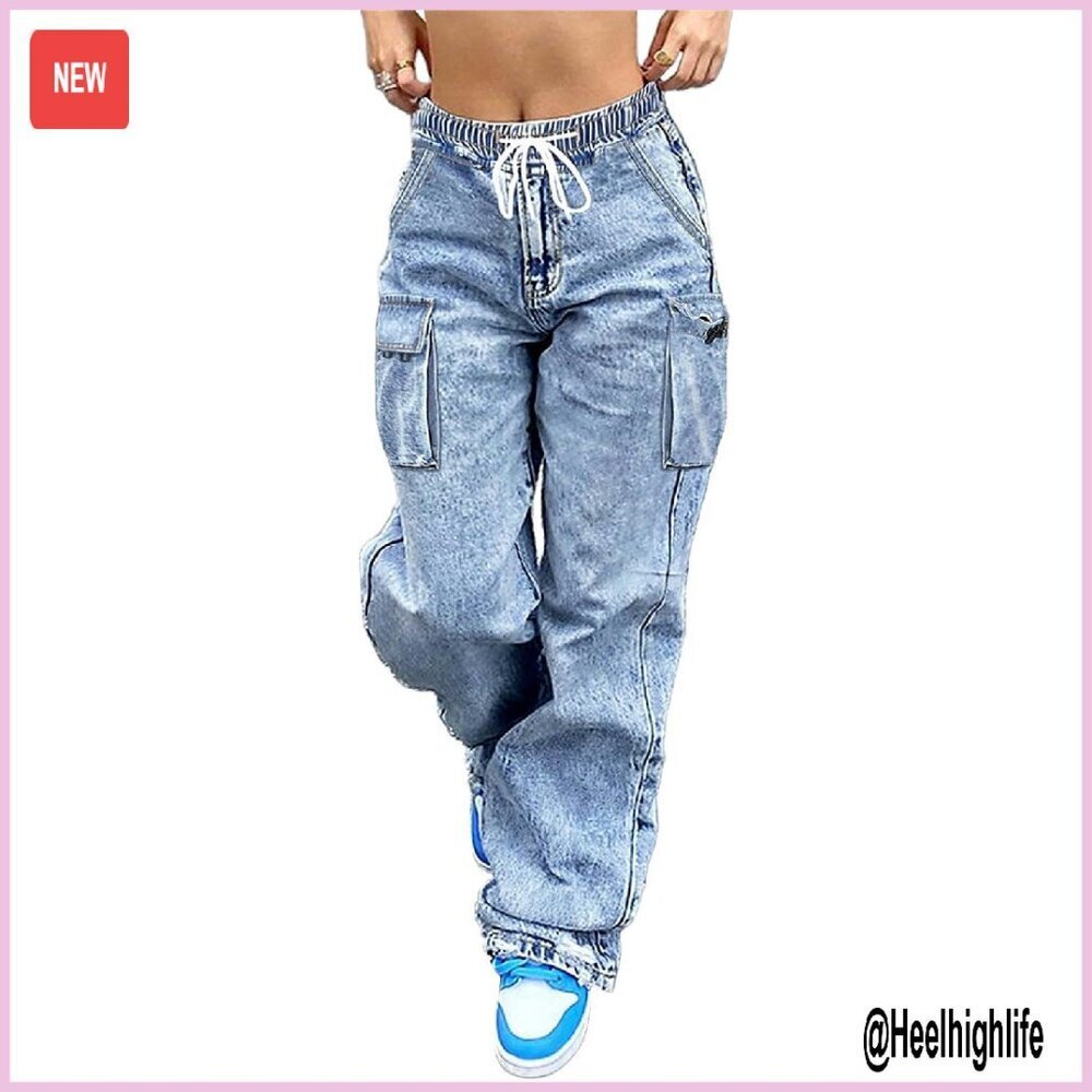 Mid Rise Cargo Jeans Women Elastic Waist Stretch Wide Leg Denim Pants
